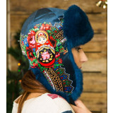 Headdress fur hat Lyubava, blue, matryoshka