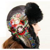 Headdress fur hat Lyubava, black, with matrioshka