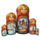 Nesting doll 5 pcs. Cathedrals, red , Kirzh