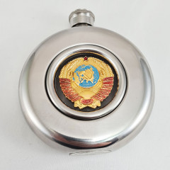Flask metal Round, the arms of the USSR, in a gift box