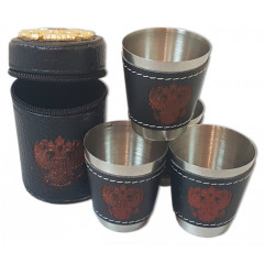 Souvenir with Russian and Soviet symbols a set of metal shot glasses 4 pcs. in a leather case with a zipper, the coat of Arms of Russia