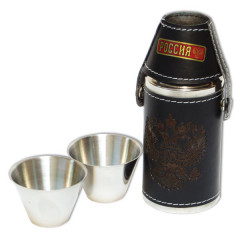 Flask metal Cylindrical, with two piles, the arms of Russia, in a box