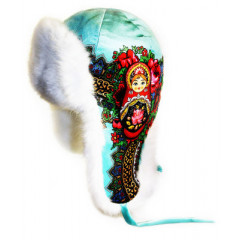 Headdress fur hat Lyubava, turquoise, matryoshka
