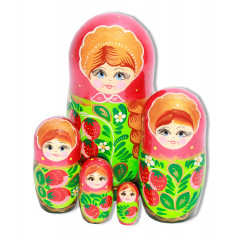 Nesting doll 5 pcs. red, flowers with strawberries