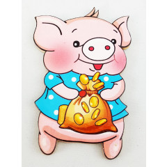 Magnet wooden pig with a bag of money, the symbol of 2019!
