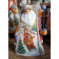 New Year and Christmas carved wooden toy Santa Claus with a lantern, miniature children in a sleigh and a snowman, 27