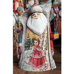 New Year and Christmas carved wooden toy Santa Claus with a lantern, miniatures girl with Bunny and boy with snowman, 27