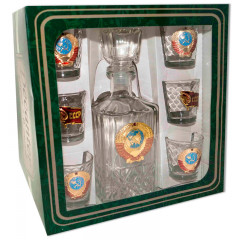 Ware the Patriotic set, decanter and 6 shot glasses, Soviet Union