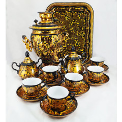 Samovar electric, Khokhloma on a black background, acorn, 3 liters. with tea pairs