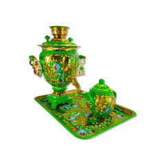 Samovar Traditional electric samovar, light green pattern with blue leaves, acorn shape, 3 liters
