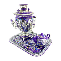 Samovar Traditional electric samovar, purple Lilies of the Valley on silver, Acorn shape, 3 liters