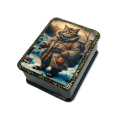 Lacquer Box with elements of hand painting Lacquer box with hand-painted elements of a tourist cat in a winter coat, 9.5 by 7.5 cm.