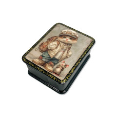 Lacquer Box with elements of hand painting Lacquer box with hand-painted elements Tourist cat with mouse, 9.5 by 7.5 cm.